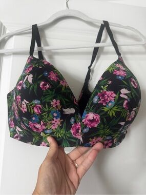 Victoria's Secret Black Floral Push-Up Bra with Pink & Green Print